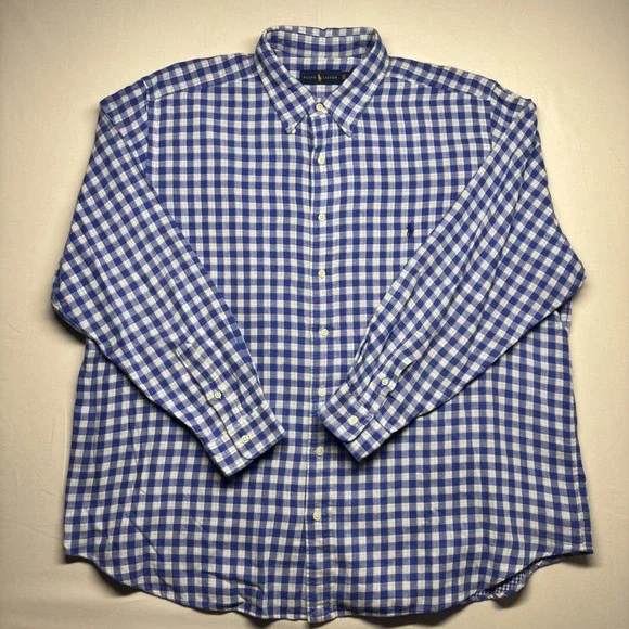 Ralph Lauren Mens 2XB Blue White Gingham Button Down Shirt Long Sleeve Cotton - Picture 2 of 8